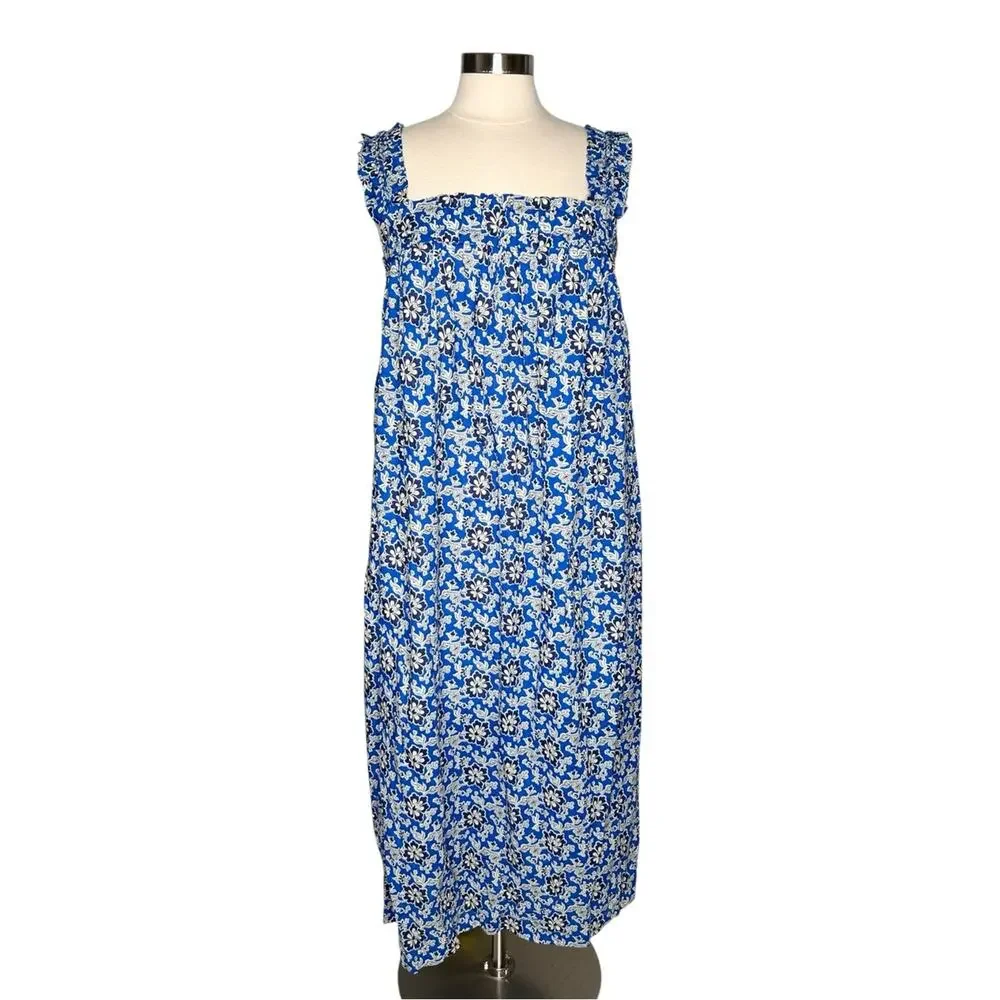 J. Crew Cotton Voile Ruffle-Trim Shift Midi Dress Cobalt Floral Size L NWT
